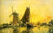Johann Barthold Jongkind In Holland ; Boats near the Mill oil on canvas